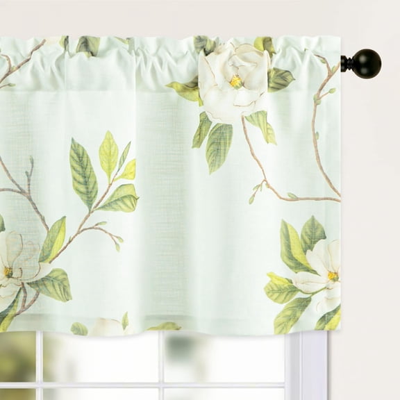 Leeva Blue Farmhouse Window Valance - Whimsical Floral Design with Linen Textured Fabric, Decorative Rod Pocket Curtain Valance for Living Room Kitchen Bathroom & Basement, 52x18 Inches