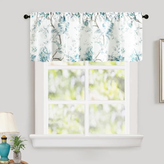 Leeva Decorative Window Valances, Light Filtering Linen Look Washable Valance Curtains for Living Room, Rod Pocket Blue Flower Curtain Drapes for Bedroom, 60 Inches Wide, 60 x 18, 1 Panel