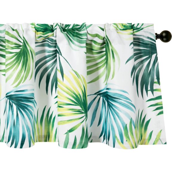 Leeva Farmhouse Kitchen Valances for Windows - Blue & Green Palm Leaves Faux Linen, Decorative Rod Pocket Short Drapery for Bedroom & Living Room, 52" W x 18" L, 1 Piece