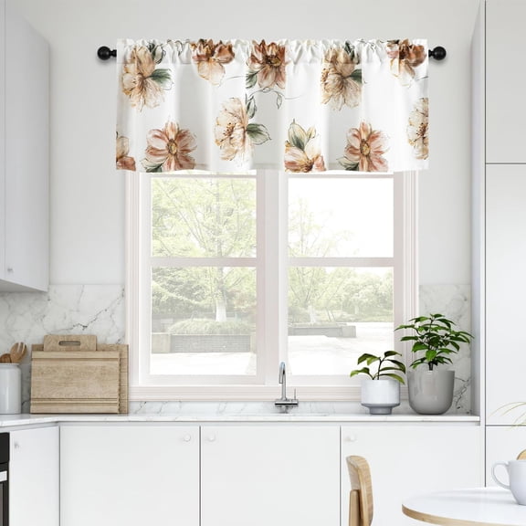 Leeva Farmhouse Valances for Windows, Brown Floral Printing Rod Pocket Valance Curtains for Living Room, Smooth Linen Textured Curtain for Kitchen Window, 1 Panel, 60x 18 Inches