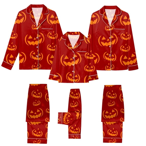 Leey-Word Matching Family Sleepwear Button Down Nightwear Sets 2 Pcs Pjs Long Sleeve Halloween Pajamas with pockets