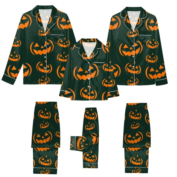 Leey-Word Matching Family Sleepwear Button Down Nightwear Sets 2 Pcs Pjs Long Sleeve Halloween Pajamas with pockets