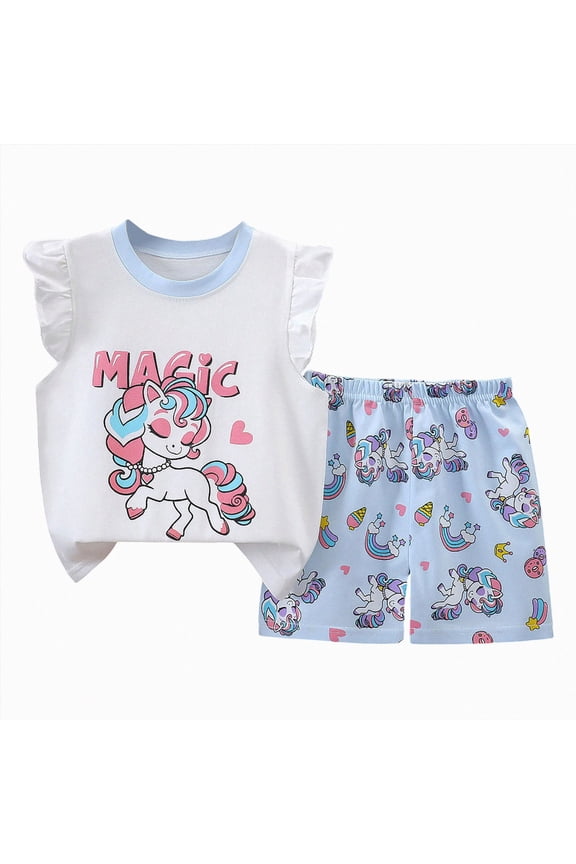 Summer Clothes for Girls Summer Fly Sleeve Cartoon Pattern Printed T-shirt Top Plaid Shorts 2PCS Clothes Set,Size 3-6 Months