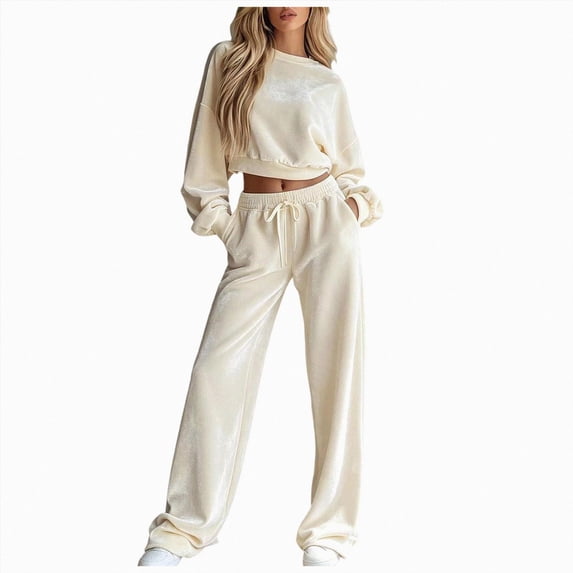 Leey-World 2 Piece Outfits for Women Women Fall Clothes Winter Solid Color Long Sleeve Pullover Crop Top and Wide Leg Pants Lounge Set Travel Outfits for Women