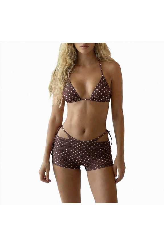 2 Piece Y2k Polka Dot Halter Bikini with Shorts 2000s Bathing Suit Set Summer Vacation Cute Beach Tankini Swimsuit(Coffee,XL)