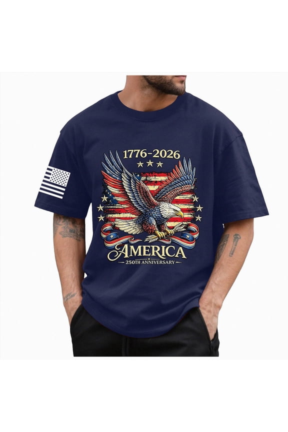 250 Anniversary T Shirts for Men Mens American Flag T Shirt Crewneck Pullover Short Sleeve Patriotic Tops(Dark Blue,2XL)
