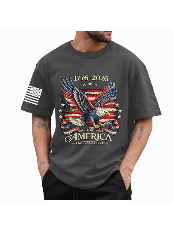 250 Anniversary Usa Shirt American Flag Shirts for Men USA Air Force T-Shirt Patriotic 4th of July Tee Memorial Day Gift Tops(Grey,XL)