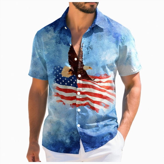 Leey-World 250 Anniversary Usa Shirt Mens Button Down American Flag Shirts for Men Short Sleeve Button Down Dress Shirt USA 250th Anniversary Merchandise(Sky Blue,M)