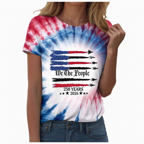 Leey-World 250 Year Anniversary America Women Tee Shirts Tie Dye Shirt for Women Hippies Crewneck Short Sleeve T-Shirt(Dark Blue,S)