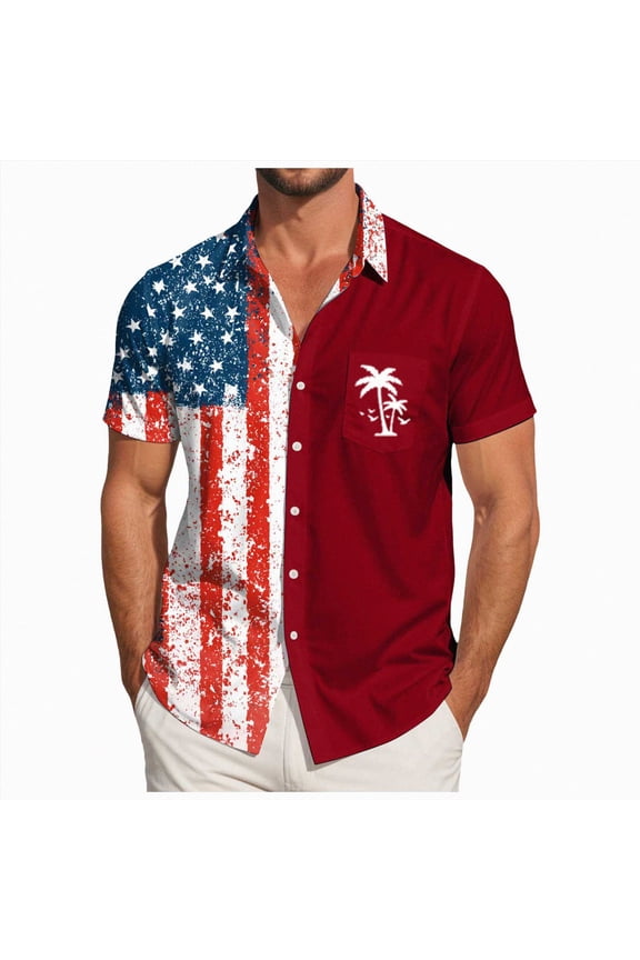 America 250 Shirts for Men Funny Hawaiian Shirts for Men American Flag Patriotic Tshirts Button Down Beach Shirts USA Short Sleeve Tops(Red,L)