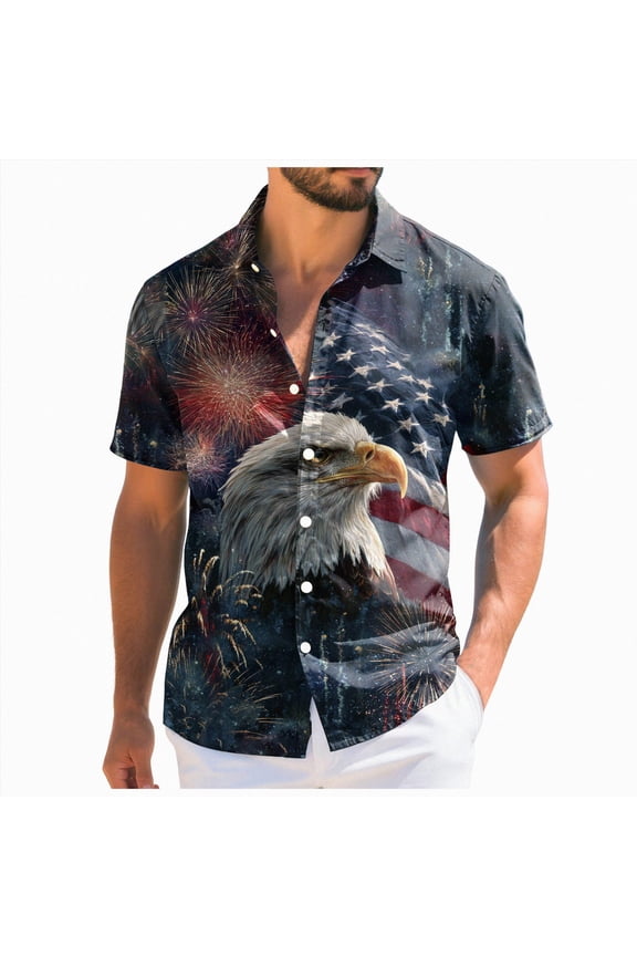 America 250 Shirts for Men Big And Tall Mens Hawaiian Shirt Patriotic Independence Day Short Sleeve Button Down(Dark Blue,XL)