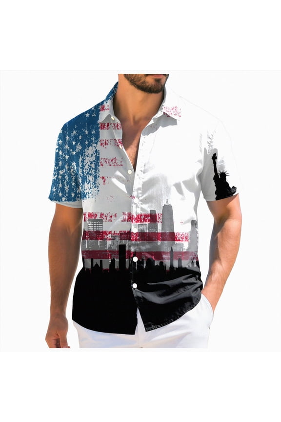 America 250 Shirts for Men Button Down Patriotic Short Sleeve Button Up American Flag Independence Day Outfits(Grey,XL)