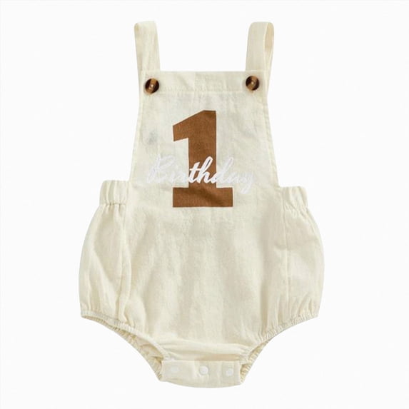 Leey-World Baby Boy Girl 1st Birthday Outfit First Birthday Romper Solid Color Linen Cotton Bodysuit Jumpsuit Cake Smash Outfit(Beige,12-18 Months)