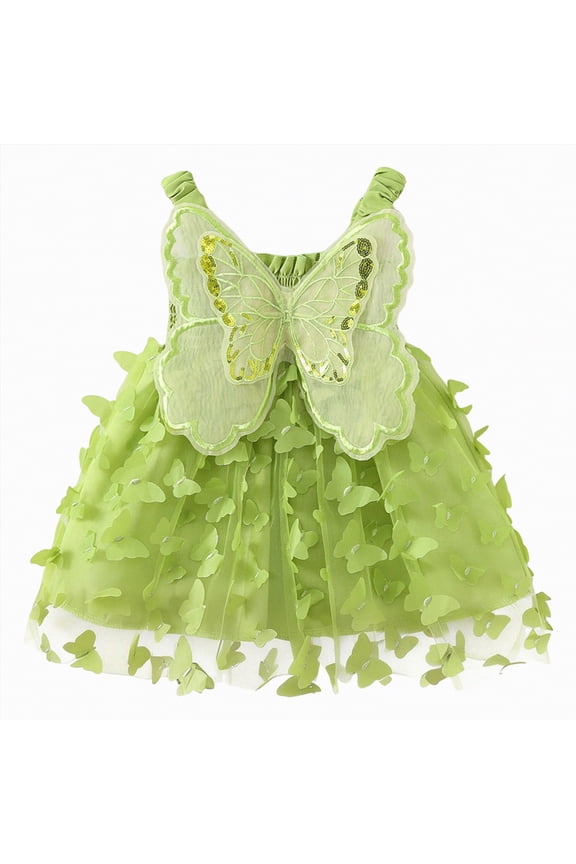 Baby Girl Butterfly Wings Fairy Dress Halloween Clothes Sleeveless A-line Ruffle Layered Lace Tutu Princess Dresses(Green,3-9 Months)