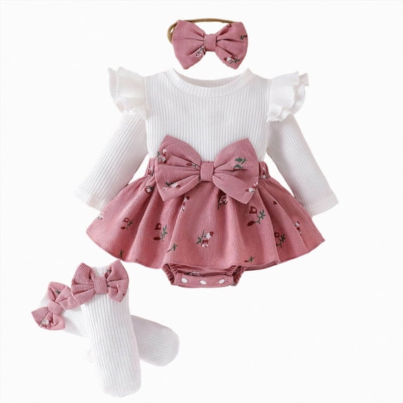 Leey-World Baby Girl Clothes 0-3 Months Newborn Baby Girl Clothes Smocked Bubble Romper Dress + Socks + Headband Cute Fall Winter Baby Girl Clothes(Pink,3-6 Months)
