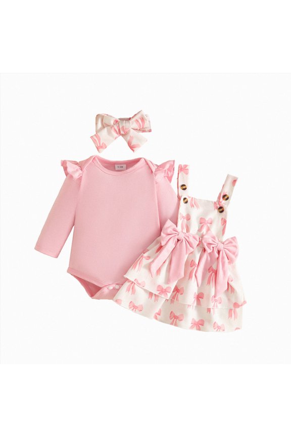 Baby Girl Clothes 3-6 Months Baby Girl Spring Skirt Set Newborn Overall Dress Long Sleeve Ribbed Romper Suspender Skirts 3Pcs Outfits(Pink,9-12 Months)