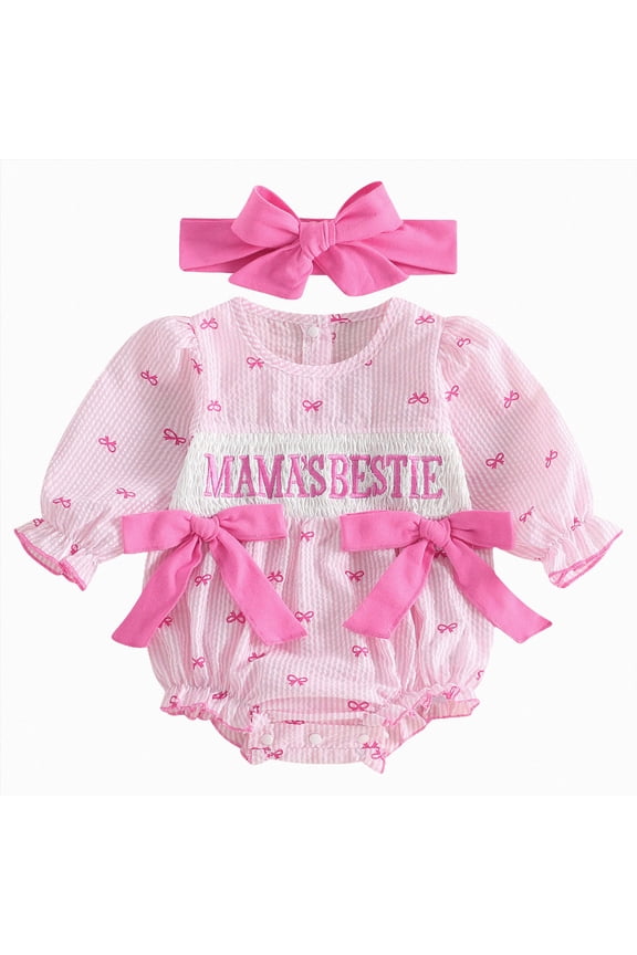 Baby Girl Clothes 3-6 Months Newborn Baby Girl Romper Mamas Mini Bow Plaid Print Puff Sleeve Smocked Bubble Romper Jumpsuit Bodysuit Clothes(Pink,6-9 Months)