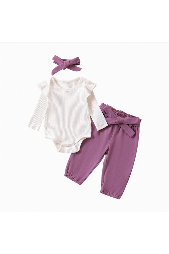 Baby Girl Clothes Sets Toddler Baby Girl Clothes 3 6 9 12 18 24 Months Fall 3PC Outfits Solid Long Sleeve Sweatshirt Tops + Pants Set(Purple,0-3 Months)