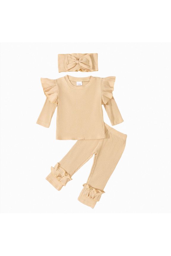 Baby Girl Clothes Sets Toddler Baby Girl Fall Clothes Solid Color Ribbed Knit Long Sleeve Ruffle Shirts Pants Cute Infant Winter Outfits(Beige,2-3 Years)