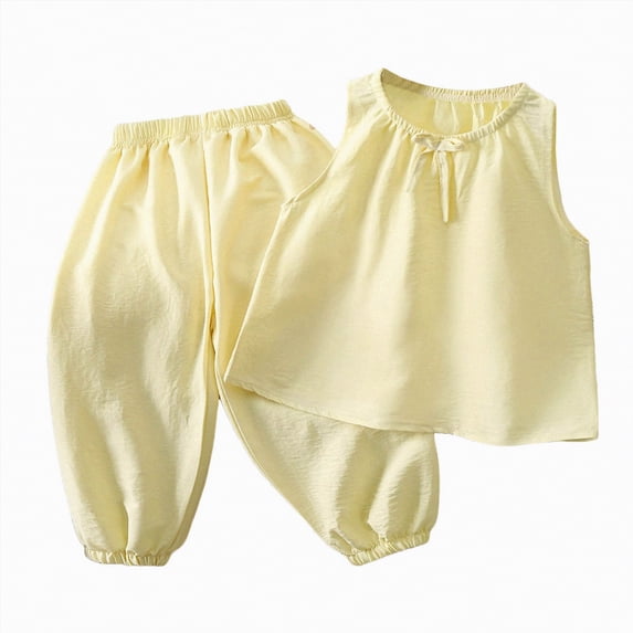 Leey-World Baby Girl Clothes Toddler Girl Summer Outfits Sleeveless Ruffle Halter Tops Wide Leg Pants Kids Clothing Set(Yellow,5-6 Years)