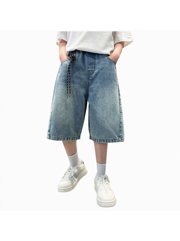 Boy's Jorts Baggy Jean Shorts Straight Leg Loose Denim Shorts with Pockets(Blue,11-12 Years)