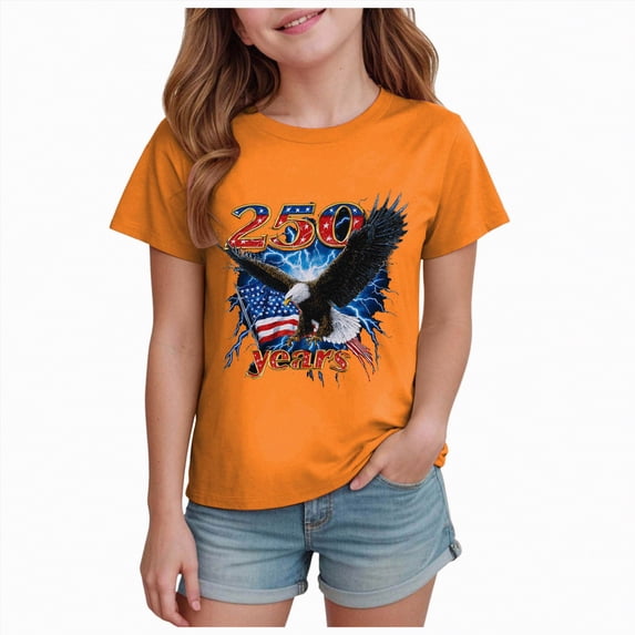 Leey-World Boys 4th of July Shirt Girls Red White and Blue Patriotic American Flag Graphic Kids USA Independence Day Outfit Flag Day Shirt Girl(Orange,7-8 Years)