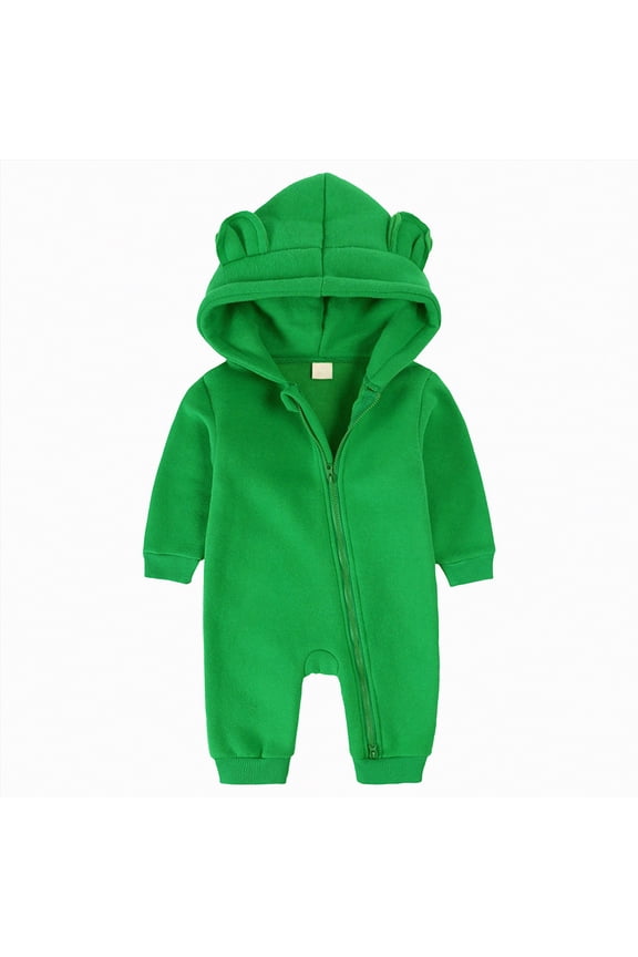 Boys Jumpsuit Newborn Fluffy Baby Girl Winter Romper Solid Color Onesie Plush Hooded Long Sleeve Jumpsuit Bodysuit Infant Fall Clothes(Green,0-3 Months)