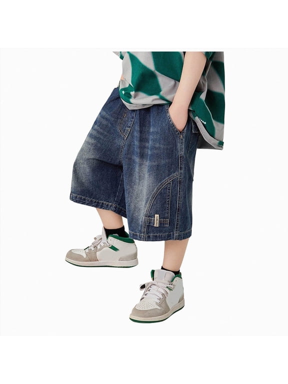 Boys Shorts 5t Boys Baggy Jean Shorts Loose Fit Vintage Wide Leg Jorts Y2K Streetwear Casual Long Denim Shorts(9-10 Years,Blue)