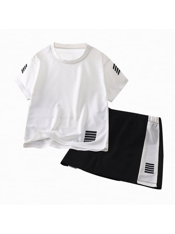 Boys Summer Outfit Sets Shorts Shirts Boys 2 Piece Athletic Outfits Short Sleeve Sport T-shirt and Shorts Summer Casual Clothes for 6-12 Years(White,5-6 Years)