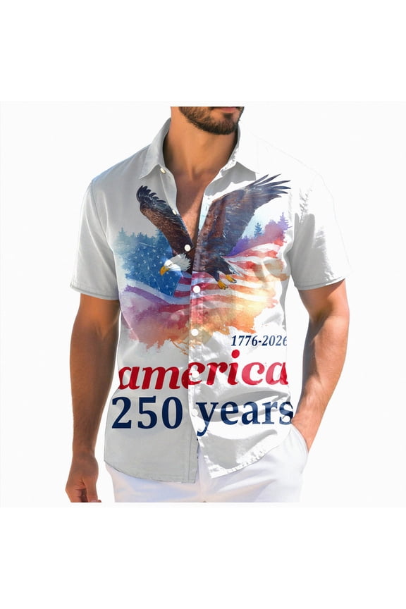 Celebrating 250 Years Of America T Shirts Mens Hawaiian Shirts for Men | Printed Men's Casual Short Sleeve Button-Down Shirts, Patriotic Style(White,2XL)