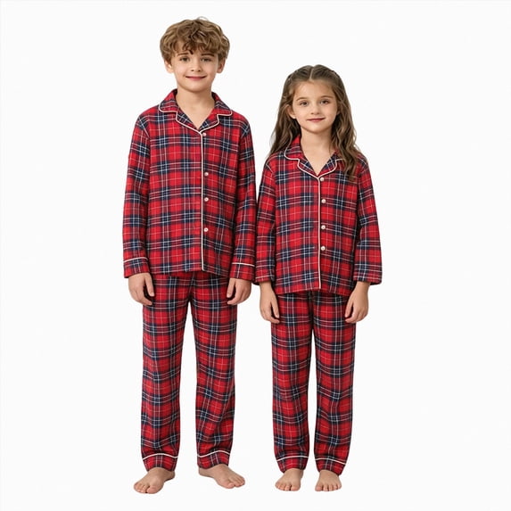 Leey-World Christmas Family Pajamas Matching Sets Family Pajamas Plaid Button-Front Pajamas Set Long Sleeve Holiday Sleepwear Set