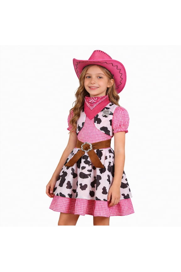 Cowgirl Costume for Girls Western Rodeo Dress Up Outfit with Cowgirl Hat 3-8 Years(Hot Pink,6-7 Years)