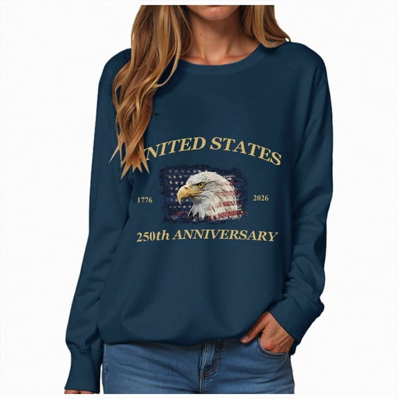 Leey-World Eagle and Flag 250 Years 1776-2026 250th Birthday T-Shirt 4th Of July Long Sleeve Shirts Women(Navy,2XL)