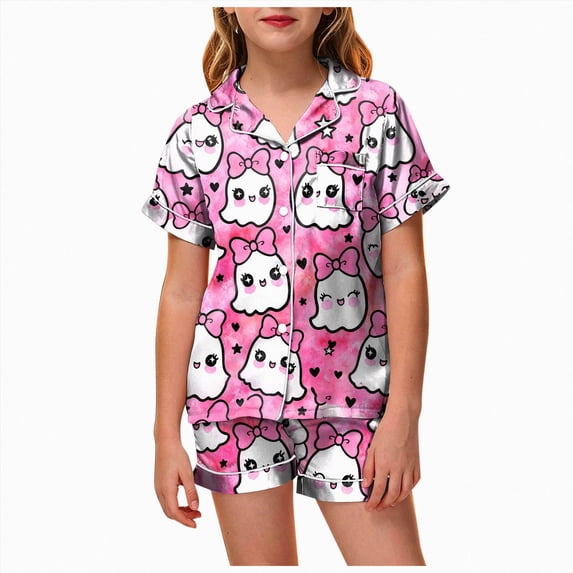 Leey-World Fall Pajamas Cute And Fun Cartoon Print Short Sleeved And Shorts Set For Kid's Halloween Parties Pjs for Girls 2T 3T 4T 5T 6T 7T 8T