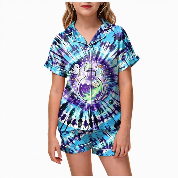 Leey-World Fall Pajamas Girls Satin Pajama Set Halloween Pumpkin Ghost Print Shirts And Shorts Short Sleeve Button Down Soft 2 Piece Outfits