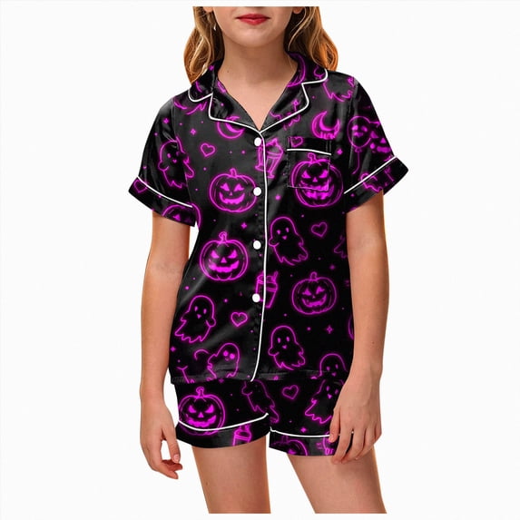 Leey-World Fall Pajamas Kids Girls Satin Pajamas Summer Short Sleeve Button Down Silky Nighty PJS 2PCS Sleepwear Set Size 2-13Years