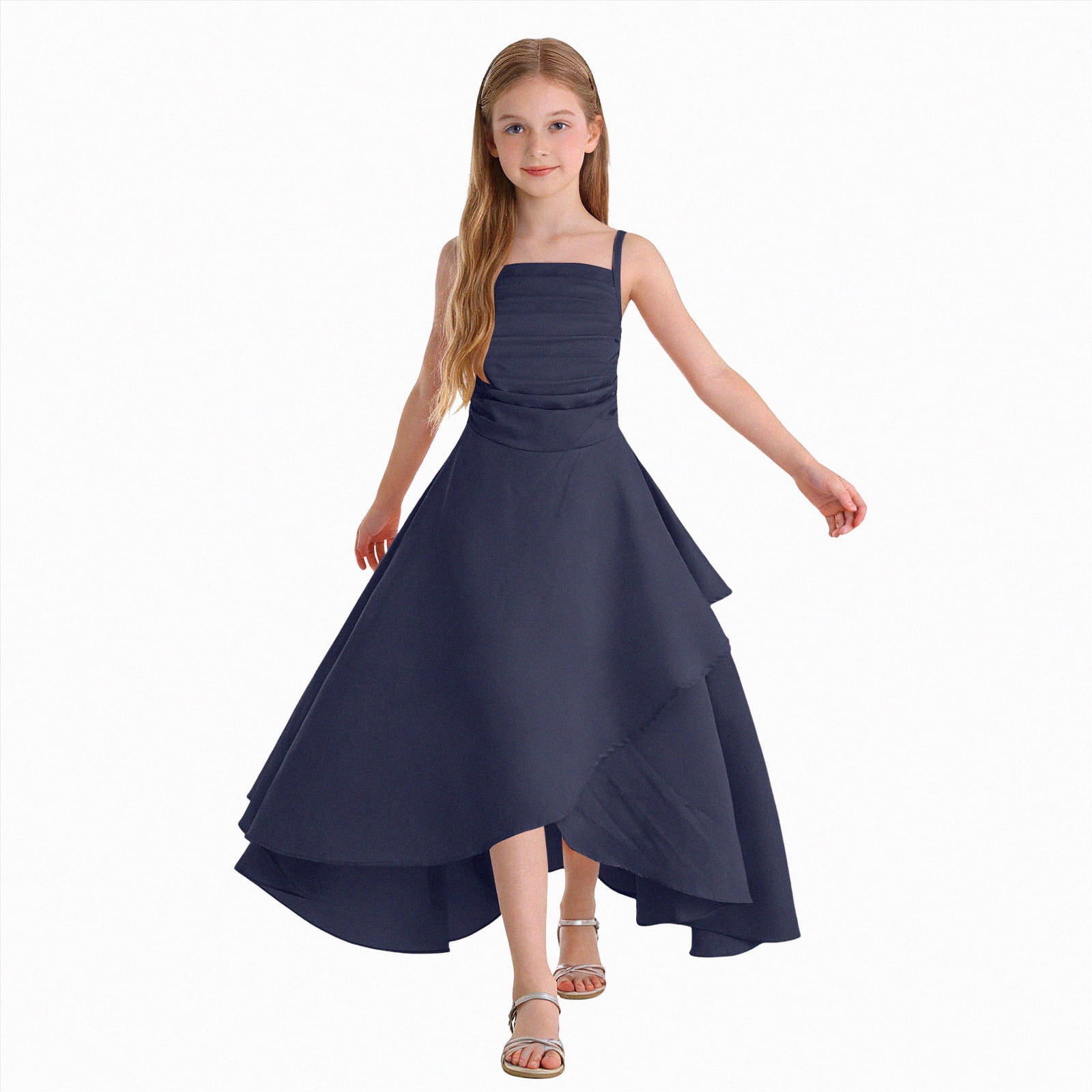 junior bridesmaid beach dresses Leey-World Flower Girl Dress, Spaghetti Strap Dresses, Teen Girls Flowy Silk Satin Maxi for Wedding(Dark Blue,9-10 Years) Breezaya Chevron Print A-Line best dressed guest Style:Black/Green This Beach Wedding Dress