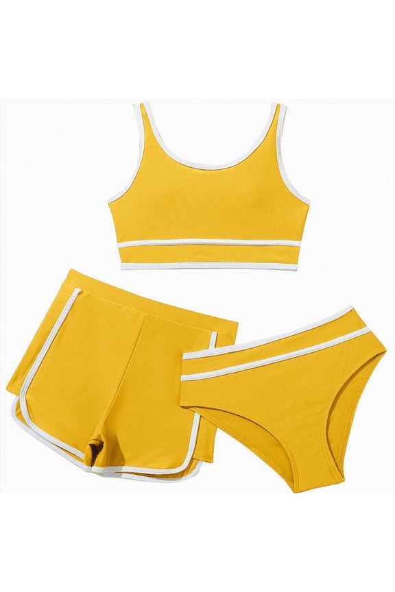 Girl Swimsuit Size 10-12 Girl's 3 Piece Swimsuit Cute Triangle Bikini with Ditsy Floral Print Cover Up Kid Bathing Suit(Yellow,13-14 Years)
