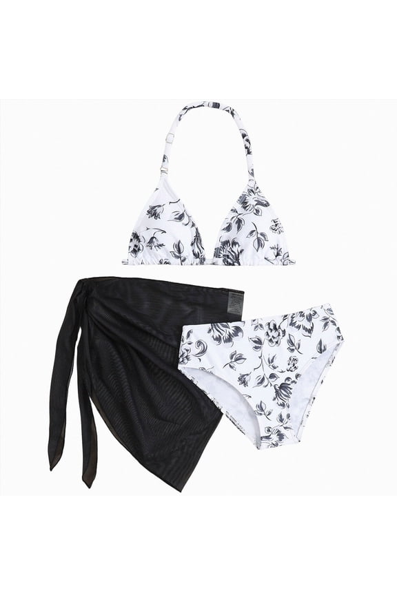 Girl Swimsuit Size 6-7 Girls Swimsuits 3 Piece Tankini Bathing Suit Set Cute Bikini Swimwear with Cover Ups Beach Skirt(Black,9-10 Years)