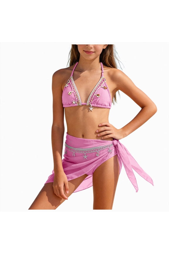 Girl Swimsuit Size 6 Two Piece Girls Swimsuit 3 Piece Bathing Suits Bikini Tankini Set Beach Swimwear with Cover Ups Skirt(Pink,9-10 Years)