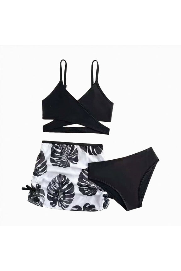 Girl Swimsuits 10-12 Bikini Girls Swimsuit 3 Piece Bathing Suits Bikini Tankini Set Beach Swimwear with Cover Ups Skirt(Black,5-6 Years)