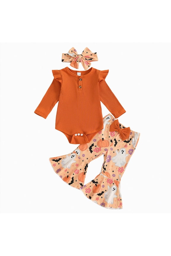 Girl Toddler Clothes Baby Girl Clothes Newborn 3 6 12 18 Months Fall Outfits Ruffle Knitted Long Seeve Romper Top & Flare Pants Sets(Orange,3-6 Months)