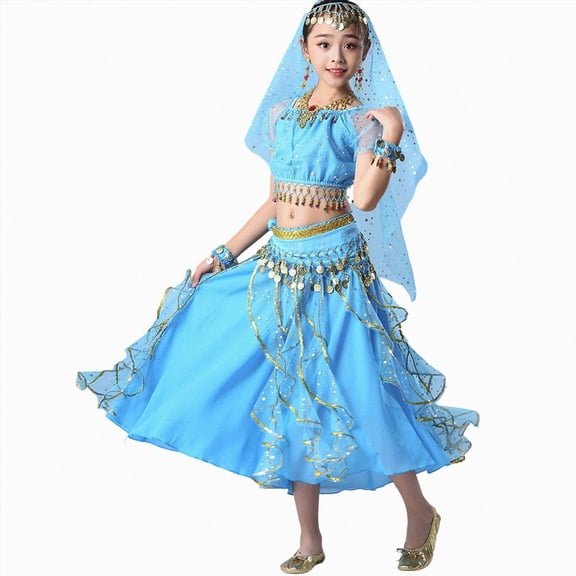 Leey-World Girl Toddler Outfits Girls Belly Dance Set Sparkly Kids Dancewear for Stage Performances and Recitals Sizes 2 to 16 Years(Sky Blue,5-7 Years)