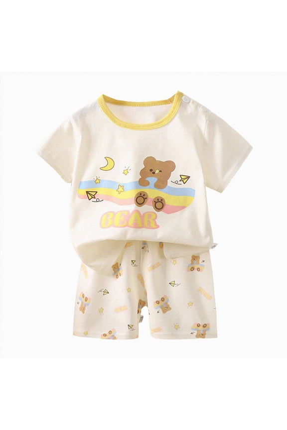 Girl Toddler Pajamas Cute Print Crew Neck Short Sleeve T-Shirts Elastic Waist Shorts Summer Pjs for 18-24 Months 2t 3t 4t 5t 6t Pajamas & Dailywear Set(3-4 Years,Beige)