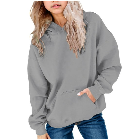 Leey-World Girls Casual Long Sleeve Hoodies Cute Oversized Fleece Pocket Sweatshirt Tops(Grey,13-14 Years)