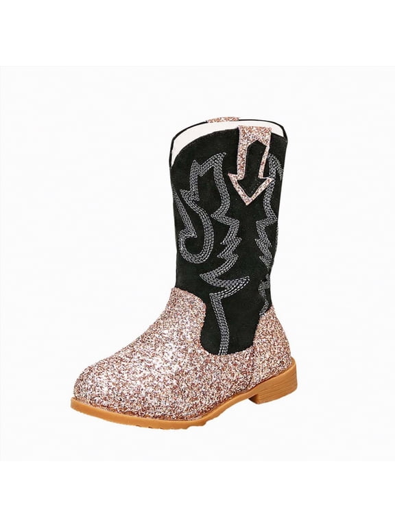 Girls Cowboy Boots Girls Cowgirl Boots Mid Calf Glitter Cowboy Western Boots Toddler Girls Star Riding Shoes(Gold,2.5)