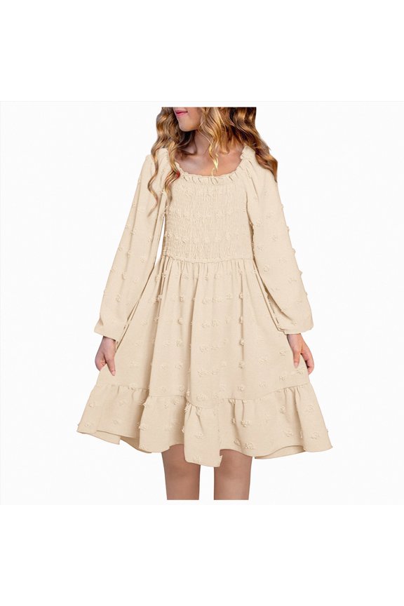 Girls Fall Dresses Long Sleeve Polka Dots Pockets Dress Size 2-12 Years(Khaki,7-8 Years)