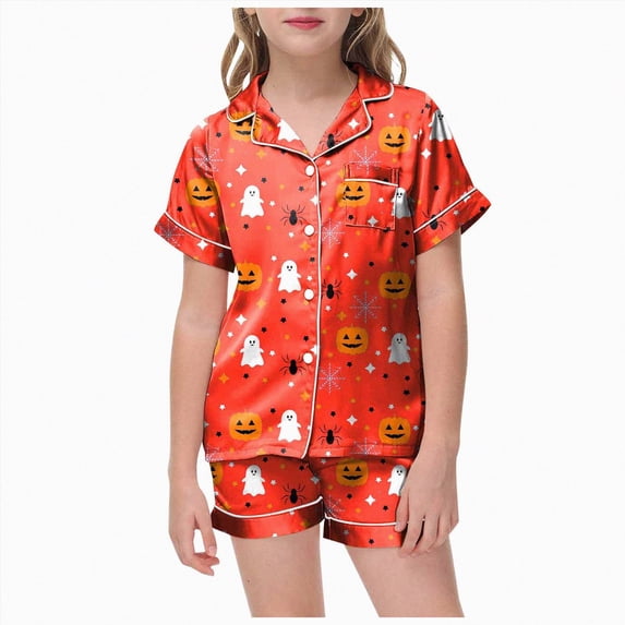 Leey-World Girls Halloween Pajamas Girls Pajamas Set Soft Short Sleeve Sleepwear Button-Down Pjs Set Girls Pajamas Nightwear Loungewear