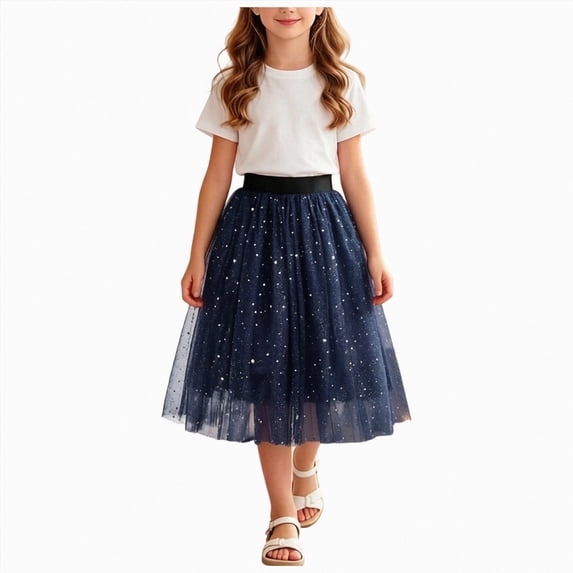 Leey-World Girls Long Skirts Size 10-12 Girls Tulle Skirts A-line Mesh Skirt Long Tutu Skirts Dress Stars Sequins Tutu Skirt for Toddler Girls(Navy,11-12 Years)