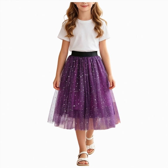 Leey-World Girls Midi Skirt Girls Tulle Skirts A-line Mesh Skirt Long Tutu Skirts Dress Stars Sequins Tutu Skirt for Toddler Girls(Purple,3-4 Years)